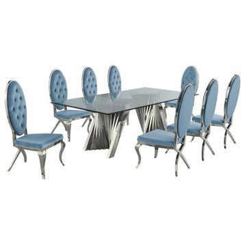 Clear Glass Dining Set with Table and 8 Teal Velvet Chairs