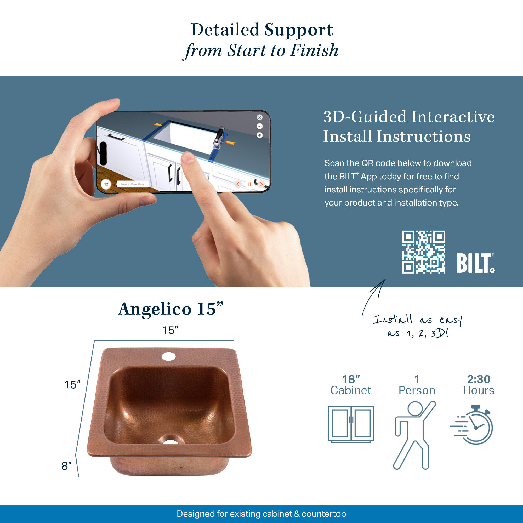 Angelico Copper 15" Single Bowl Drop-In Kitchen Sink