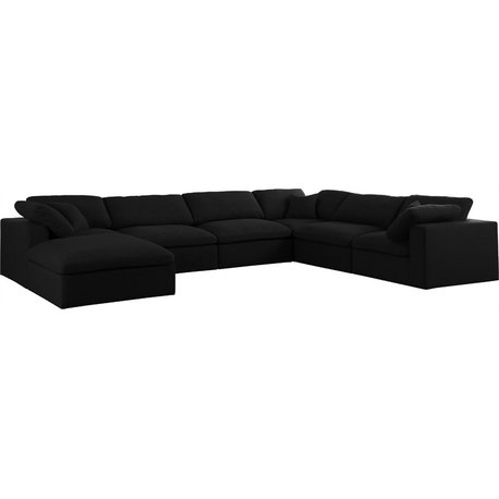 Maklaine Contemporary Black Linen Fabric Deluxe Modular Sectional Sofa