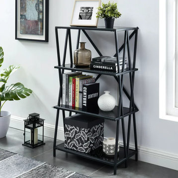 Modern Bookcase, Geometric Accented Open Frame & Glass Shelves, 4 Shelves/Small