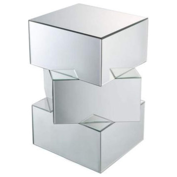 Modern End Table, Unique Geometrical Base With Mirrored Side Panels, Silver