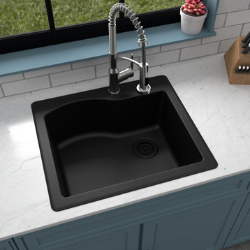 Karran Drop-In Quartz 25" 1-Hole Single Bowl Kitchen Sink Kit, Black