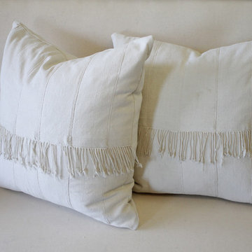 Pair of off White African Mudcloth Pillows with Original Fringe Accents
