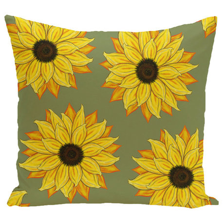 Sunflower Power Flower Print Pillow, Green, 16"x16"