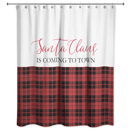 Santa Claus is Coming to Town Red and Black Plaid 71x74 Shower Curtain