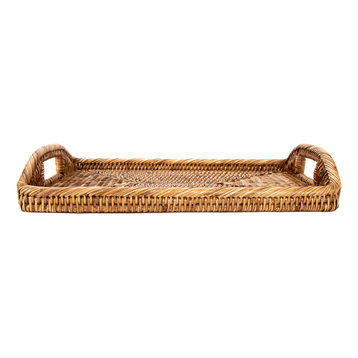 Artifacts Rattan Rectangular Tray With High Handles, Honey Brown, 14"x10"