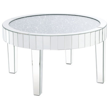 ACME Noralie Round Glass Coffee Tablein Mirrored and Faux Diamonds