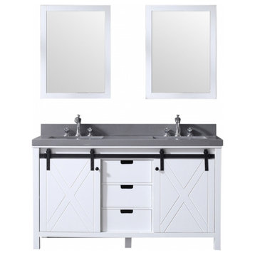 60 Inch White Double Sink Bathroom Vanity with Barndoors, Mirror, No Top
