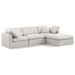 Meridian Furniture - Indulge Upholstered Modular L-Shaped Sectional, Cream, 4-Piece: 1 Armless Chair, 2 Corner Chair, 1 Ottoman, Down Stuffed Linen Textured Fabric - Experience ultimate comfort and style with our cream linen textured fabric Indulge Sectional. The luxurious linen texture of the fabric will elevate the aesthetic of any room. This sofa provides ample space for you to relax while its modular build offers the option of unlimited configurations. Whether you're looking to add a stylish element to your living room or a comfortable seating option to your bedroom, this sofa is the perfect choice.