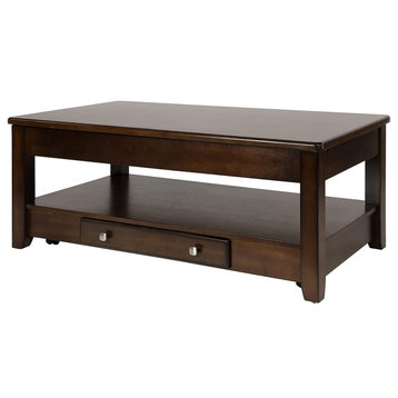 Large Coffee Table, Lift Up Top & Drawer With Polished Chrome Knob, Dark Cherry