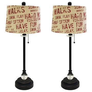 28" Crystal Lamp With Cream/Red Relaxing Print Drum Shade, Bronze, Set of 2