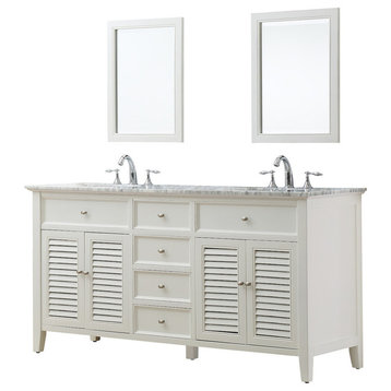 Shutter 70" White Vanity, Top: Carrara Marble, Without Mirror