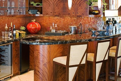 Seated home bar - large contemporary ceramic tile and beige floor seated home bar idea in San Diego with an undermount sink, flat-panel cabinets, medium tone wood cabinets and mosaic tile backsplash