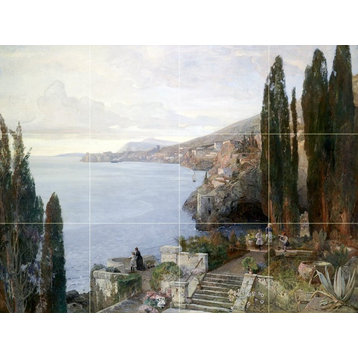 Tile Mural, View of Sea Garden Backsplash Marble Matte
