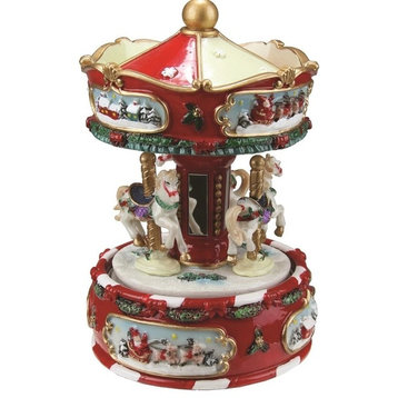 6.25" Animated Musical Carousel With Canopy and 3-Horses Christmas Music Box