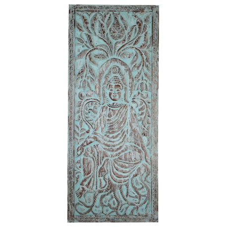 Consigned Vintage Door Panel Blue Buddha Carved Wood Wall Decor 83