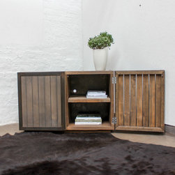 Louisa Reclaimed Scaffolding Board Media Unit with Slatted Wood and Steel Doors - Media Cabinets