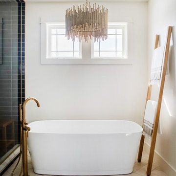 Freestanding Tub and Dark Grey Shower Tile for Contemporary Bath