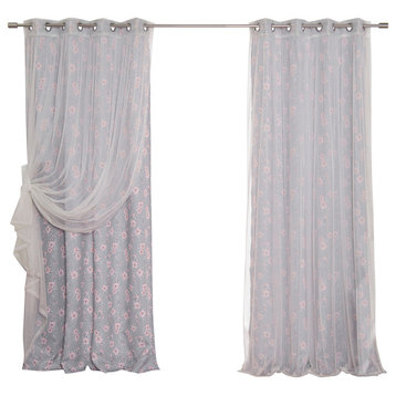 Tulle and Hibiscus Blossom Mix and Match Curtains, Gray, 52"x84"