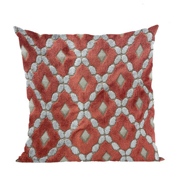 Plutus Velvet Majestic Red, Gray Handmade Luxury Pillow, 18"x18"