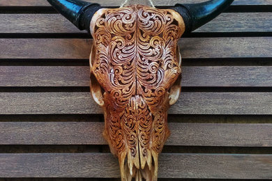 Hand Carved Cow Skull Head with Tribal Pattern / Wall Art Home Decor