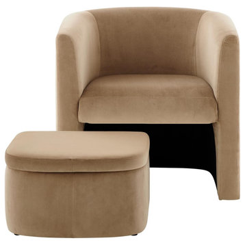 Comfortable Accent Chair & Ottoman, Barrel Design Cushioned Seat, Khaki Velvet