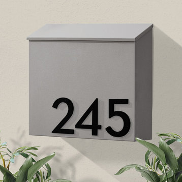 The Inbox Wall Mounted Mailbox  + House Numbers, Lock Included, Outgoing Flag, Gray, Black Font