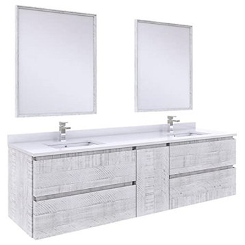 72" Wall Hung Double Sink Modern Bathroom Vanity With Mirrors, Rustic White