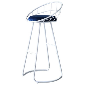 Modern Bar Stool Made of Wrought Iron with Backrest, White / Blue, H25.6"