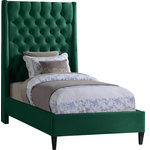Meridian Furniture - Fritz Velvet Upholstered Bed, Green, Twin - Count on this Fritz velvet bed to bring a modern look to life in your bedroom sanctuary. This lovely bed features soft green velvet upholstery for a sumptuously elegant feel and an upscale look. The extra-tall headboard lends your space an element of drama, and the brass nail-head trim accentuate the sophisticated demeanor of this modern bed. Tufting on the wingback headboard helps keep its padding aloft while adding a textural design that draws the eye.