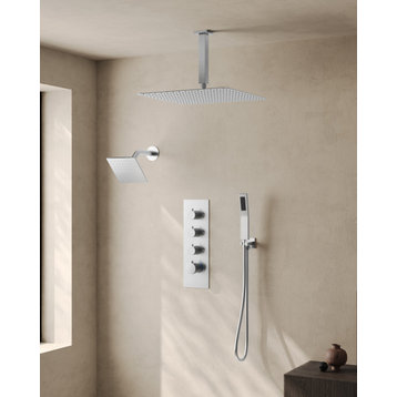 Dual Heads Rain High Pressure Shower System with 4-Way Thermostatic Faucet, Brushed Nickel, 16"x 6"