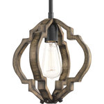Progress Lighting - Progress Lighting Spicewood 1-Light Mini-Pendant - The statement-making one-light Spicewood mini-pendant features a rich, solid wood surrounded in a classic quatrefoil pattern. Wrought iron metal fittings in a Gilded Iron finish are paired with a distressed pine frame to complement rustic and reclaimed design styles.