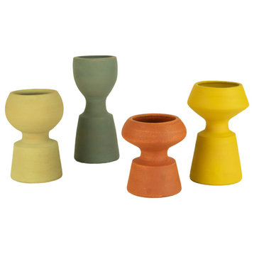 Mid Century Modern Clay Vase 4-Piece Set Round Floral Urn Vessel Container