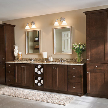 Aristokraft Cabinetry: Dark Wood Cabinets in Transitional Bathroom