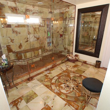 Huge Double Shower & Red & Green Onyx & Copper Fixtures & Double Shower Doors