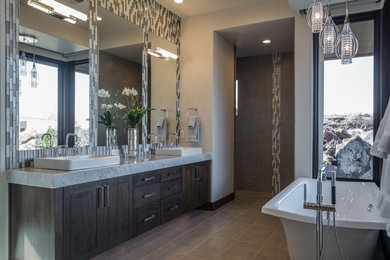 Trendy master multicolored tile and glass sheet porcelain tile bathroom photo in Salt Lake City with a pedestal sink