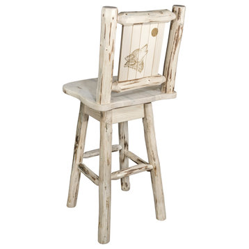 Montana Barstool & Swivel With Laser Engraved Wolf, Clear Lacquer Finish, Lacque