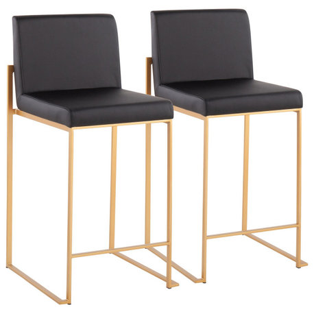 Fuji High Back Counter Stool, Set of 2, Gold Steel, Gold Steel, Black Pu