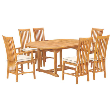 7 Piece Teak Wood Balero Round to Oval Dining Set With 2 Arm Chairs and 4 Side C