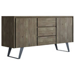 Simpli Home - Lowry Sideboard Buffet, Distressed Gray - Elevate modern dining with the clean lines of the Modern Industrial Lowry Sideboard Buffet handcrafted from Solid Acacia Wood and Metal. The refined design provides generous storage behind drawers and doors with hidden self-pulls, creating a streamlined look. Metal legs provide a mixed-material accent. Each door conceals an adjustable shelf.