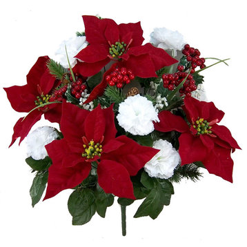 Faux Velvet Poinsettia Carnation Berry Xmas Bush