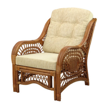 Malibu Lounge Armchair, Natural Rattan Wicker Handmade, Colonial, Cream Cushions