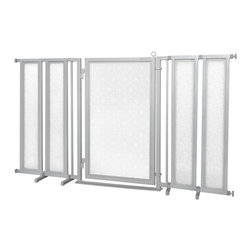 Fusion Gates - 71.5"-74" Satin Nickel Fusion Gate with Linear Lace in White Design - Dog Gates