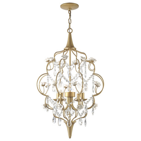 Floral 4-Light Chandelier With Cream Ceramic Roses and Acrylic Beads