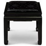 China Furniture and Arts - Black Elmwood Chinese Ming Bench with Black Longevity Silk Cushion - The Ming furniture style is famous for its minimalistic design with clean lines and geometric shapes. This matte black finish elmwood Chinese bench is a fine example of this philosophy. The chair features a sleek rectangular shape that recesses downward into four distinct horse-shoe legs. One inset black silk cushion with longevity embroideries crowns the bench, completing its look. A hand-applied finish provides a sleek and minimalistic look, a perfect addition to any room.