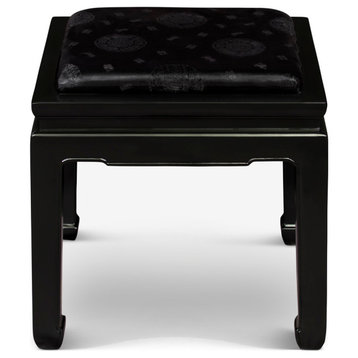 Black Elmwood Chinese Ming Bench with Black Longevity Silk Cushion