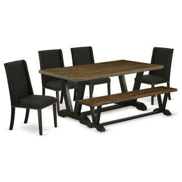 East West Furniture V-Style 6-piece Wood Dining Room Table Set in Jacobean/Black
