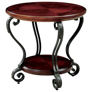 Classic End Table, Metal Legs With Unique Scroll Work & Round Top, Brown Cherry