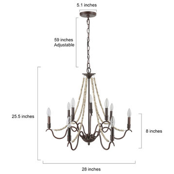 Farmhouse 9-Light Wood Beaded Chandelier Candle Empire Chandeliers