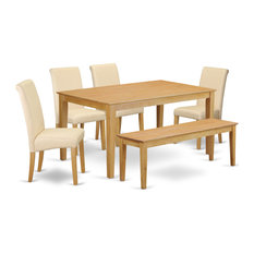 Caba6-Oak-02, 6-Piece Table With Linen Beige Fabric Parson Chairs Bench